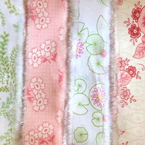 Vintage Green Pink Hand Torn Fabric Ribbon Strips for Scrapbooks, Junk Journals, Snippets, Slow Stitching, Gift Wrap, 6 Pattern Choices