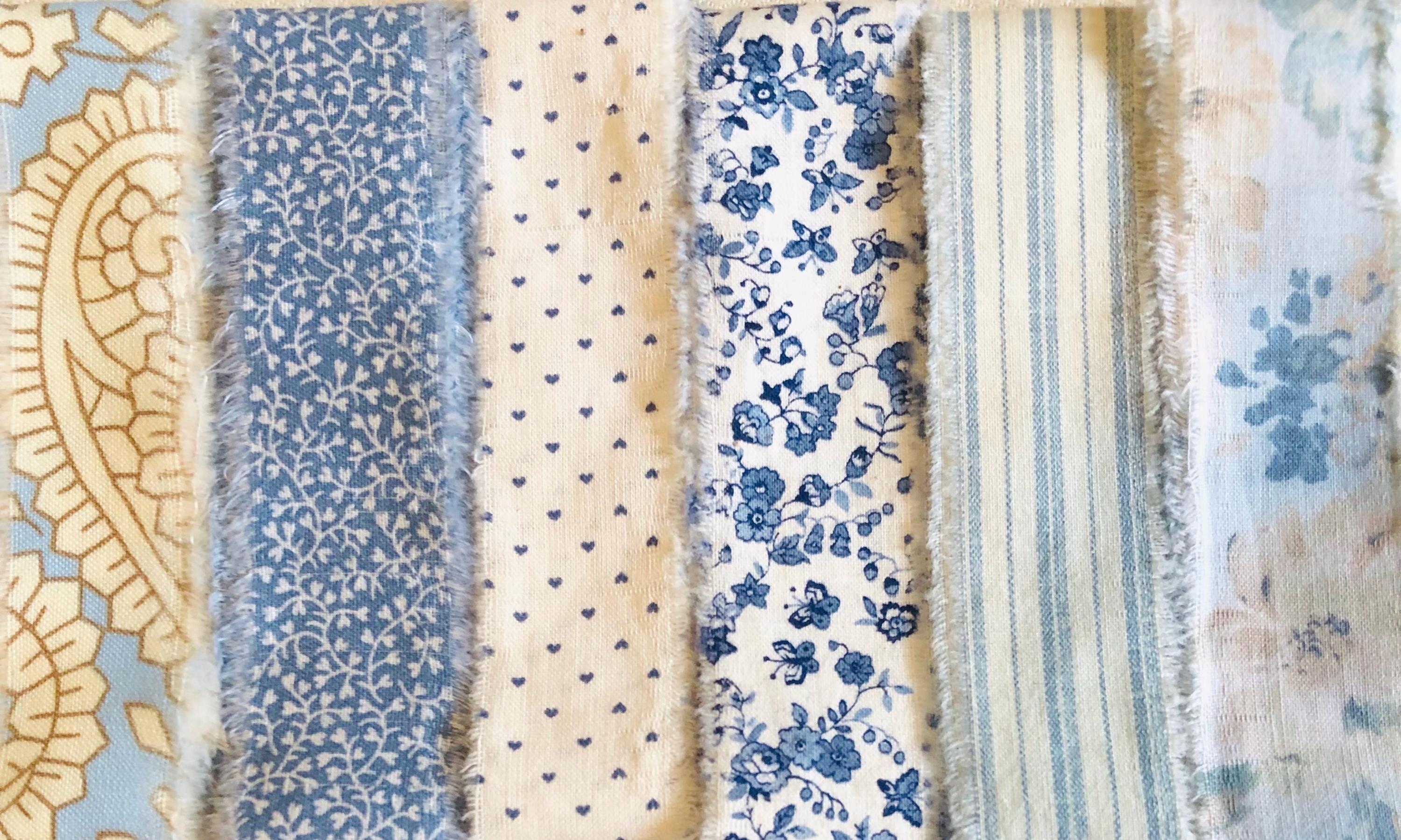 Vintage Blue Floral Hand Torn Fabric Ribbon Strips for Scrapbooks, Snippets, Slow Stitching, Banners, Gift Wrapping, 6 Pattern Choices