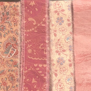 Vintage Pink Floral Hand Torn Fabric Ribbon Strips for Scrapbooks, Snippets, Slow Stitching, Banners, Gift Wrapping, 6 Pattern Choices