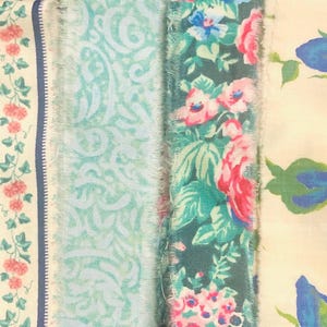 Vintage Blue Floral Hand Torn Fabric Ribbon Strips for Scrapbooks, Snippets, Slow Stitching, Banners, Gift Wrapping, 6 Pattern Choices