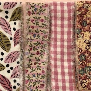 Vintage Floral Gingham Hand Torn Fabric Ribbon Strips for Scrapbooks, Snippets, Slow Stitching, Banners, Gift Wrapping, 6 Pattern Choices