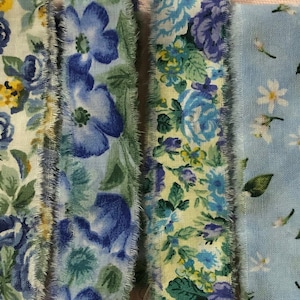 Blue Floral Hand Torn Fabric Ribbon Strips for Scrapbooks, Snippets, Slow Stitching, Banners, Gift Wrapping - 6 Pattern Choices