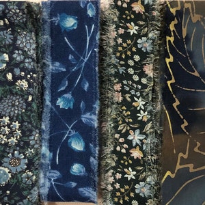Hand Torn Blue Floral Fabric Ribbon Strips for for Junk Journals, Scrapbooking, Snippets, Slow Stitching, Gift Wrapping - 6 Pattern Choices