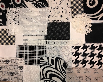 Vintage Goth Black & White Fabric, Linen and Lace Embellishment Kit, Journal Page - Cover Kit, Snippet Collage Kit, Slow Stitching Kit