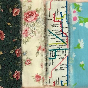 May include: A collection of fabric scraps with different patterns, including butterflies, flowers, and a Chicago subway map. The fabrics are all in various shades of pink, blue, green, and white.