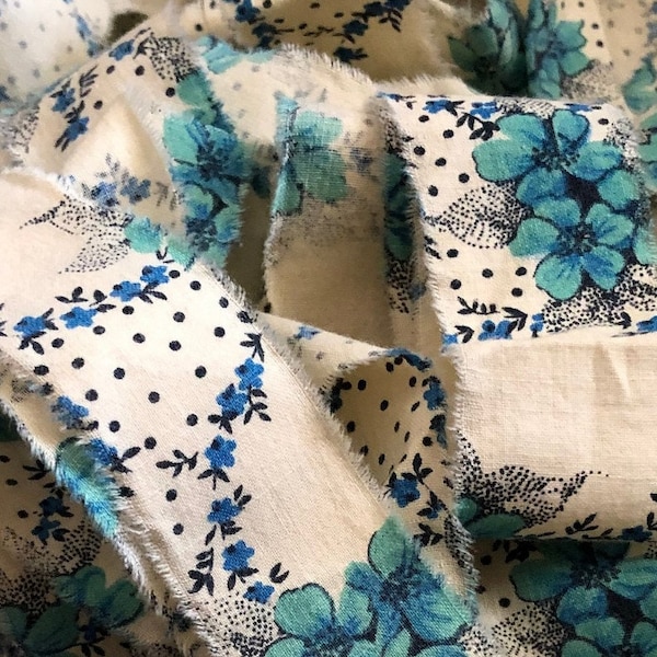 Vintage 1930s Hand Torn Aqua Cream Floral Wreath Fabric, 30's Cotton Fabric Ribbon Strips for Journals, Snippets, Scrapbooking, Belly Bands