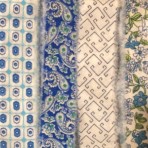 Blue Floral Hand Torn Fabric Ribbon Strips for Scrapbooks, Snippets, Slow Stitching, Banners, Gift Wrapping - 6 Pattern Choices