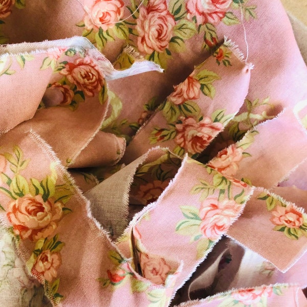 Sentimental Journey Hand Torn Bow & Wreath Fabric Ribbon Strips for Snippets, Junk Journals, Crazy Quilts, Fabric Banners