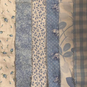 Vintage Blue Floral Stripe Hand Torn Fabric Ribbon Strips for Scrapbooks, Snippets, Slow Stitching, Banners, Gift Wrap, 6 Pattern Choices