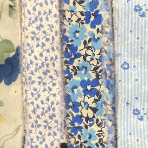 Vintage Blue Floral Hand Torn Fabric Ribbon Strips for Scrapbooks, Snippets, Slow Stitching, Banners, Gift Wrapping, 6 Pattern Choices