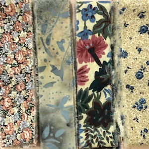 Blue Floral Hand Torn Fabric Ribbon Strips for Scrapbooks, Snippets, Slow Stitching, Banners, Gift Wrapping - 6 Pattern Choices