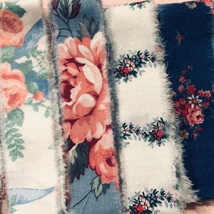 Blue Floral Hand Torn Fabric Ribbon Strips for Scrapbooks, Snippets, Slow Stitching, Banners, Gift Wrapping - 6 Pattern Choices