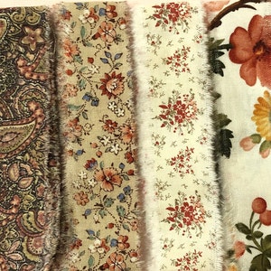 Vintage Floral Hand Torn Fabric Ribbon Strips for Scrapbooks, Snippets, Slow Stitching, Banners, Gift Wrapping, 6 Pattern Choices