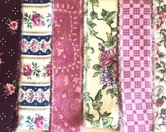 Vintage Wine Floral Hand Torn Fabric Ribbon Strips for Scrapbooks, Snippets, Slow Stitching, Banners, Gift Wrapping, 6 Pattern Choices