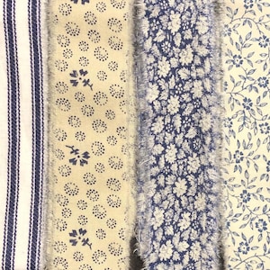 Blue Floral Hand Torn Fabric Ribbon Strips for Scrapbooks, Snippets, Slow Stitching, Banners, Gift Wrapping - 6 Pattern Choices