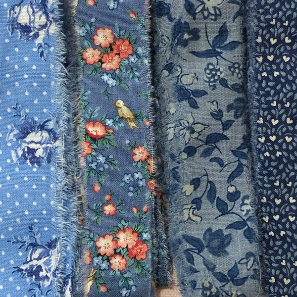 Blue Floral Hand Torn Fabric Ribbon Strips for Scrapbooks, Snippets, Slow Stitching, Banners, Gift Wrapping - 6 Pattern Choices