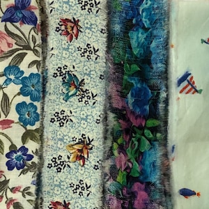Hand Torn Blue Floral Fabric Ribbon Strips for Junk Journals, Scrapbooking, Snippets, Slow Stitching, Gift Wrapping - 6 Pattern Choices