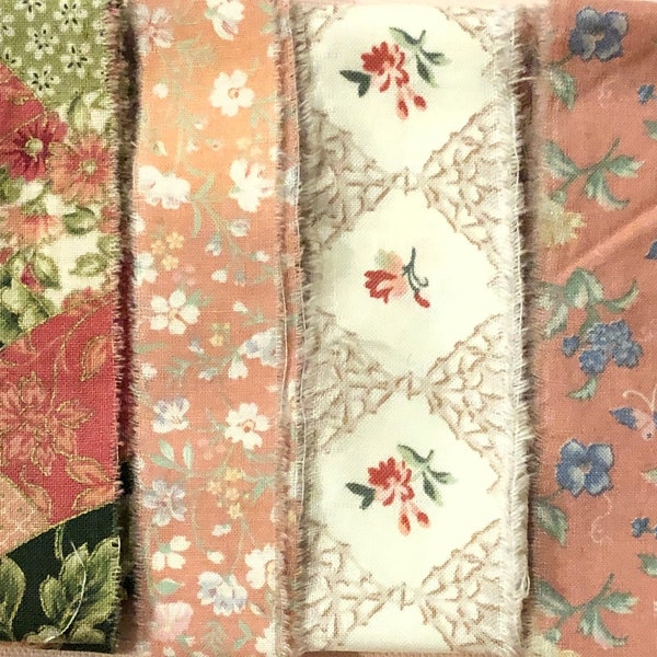 Vintage Floral Roses Hand Torn Fabric Ribbon Strips for Scrapbooks, Snippets, Slow Stitching, Banners, Gift Wrapping, 6 Pattern Choices