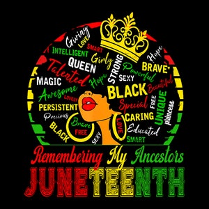 May include: A black and red graphic with a woman's face in the center. The woman is wearing a gold crown and has red lips. The graphic is surrounded by words in green, yellow, and red, including "Giving", "Love", "Smart", "Girly", "Queen", "Talented", "Hope", "Strong", "Powerful", "Brave", "Sexy", "Black", "Special", "Caring", "Educated", "Smart", "Unique", "Princess", "Remembering My Ancestors", and "Juneteenth".