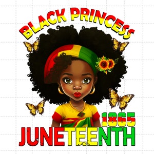 Puede incluir: Una ilustraci&oacute;n digital de una ni&ntilde;a negra con el pelo rizado que lleva una diadema amarilla, verde y roja y una camisa amarilla con un dise&ntilde;o verde, amarillo y rojo. La ni&ntilde;a sonr&iacute;e y tiene ojos marrones. El texto "BLACK PRINCESS" est&aacute; por encima de la cabeza de la ni&ntilde;a en letras rojas, amarillas y verdes. El texto "JUNETEENTH 1865" est&aacute; debajo de la ni&ntilde;a en letras rojas, amarillas y verdes. Hay mariposas en la imagen.
