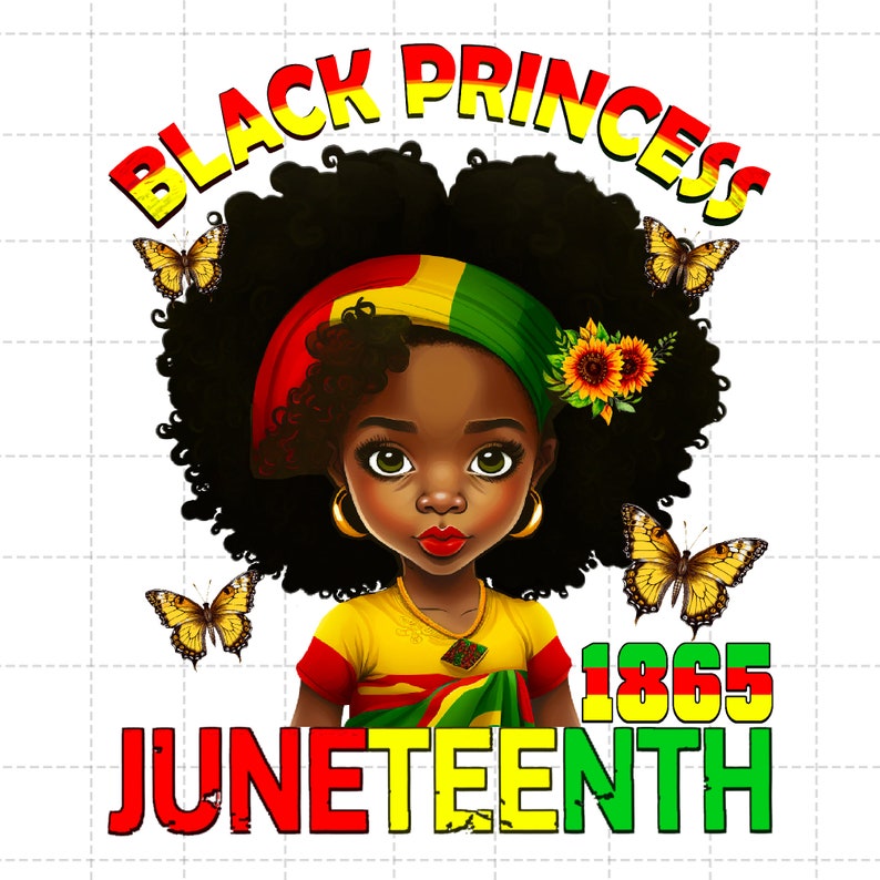 Puede incluir: Una ilustraci&oacute;n digital de una ni&ntilde;a negra con el pelo rizado que lleva una diadema amarilla, verde y roja y una camisa amarilla con un dise&ntilde;o verde, amarillo y rojo. La ni&ntilde;a sonr&iacute;e y tiene ojos marrones. El texto "BLACK PRINCESS" est&aacute; por encima de la cabeza de la ni&ntilde;a en letras rojas, amarillas y verdes. El texto "JUNETEENTH 1865" est&aacute; debajo de la ni&ntilde;a en letras rojas, amarillas y verdes. Hay mariposas en la imagen.