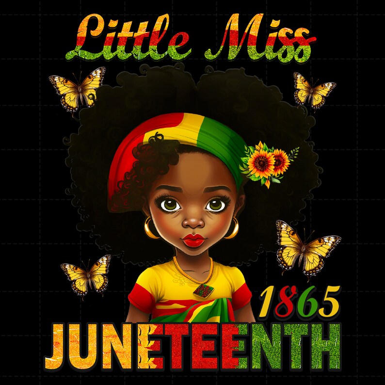Puede incluir: Una ilustraci&oacute;n digital de una joven negra con afro que lleva una diadema amarilla, verde y roja. La ni&ntilde;a sonr&iacute;e y mira al espectador. El texto "Little Miss Juneteenth 1865" est&aacute; escrito en una fuente brillante debajo de la ni&ntilde;a.
