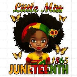 Puede incluir: Una ilustraci&oacute;n digital de una joven negra con afro que lleva una camisa amarilla y una diadema con los colores de la bandera panafricana. El texto "Little Miss Juneteenth 1865" est&aacute; escrito en letras doradas brillantes.