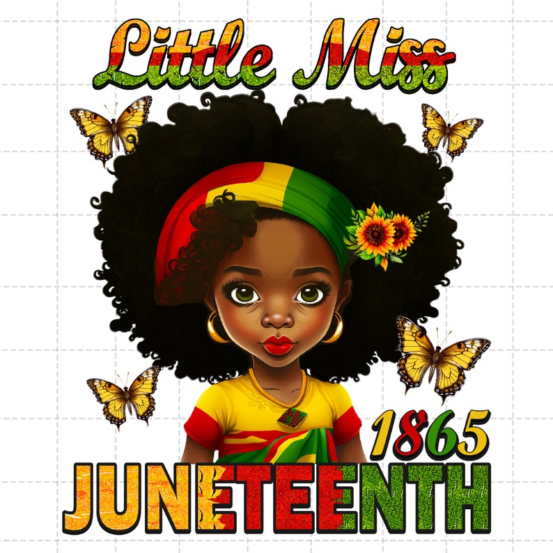 Puede incluir: Una ilustraci&oacute;n digital de una joven negra con afro que lleva una camisa amarilla y una diadema con los colores de la bandera panafricana. El texto "Little Miss Juneteenth 1865" est&aacute; escrito en letras doradas brillantes.