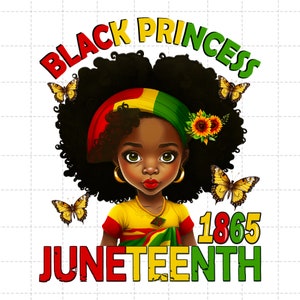 Puede incluir: Gr&aacute;fico de princesa negra con una ni&ntilde;a con afro que lleva una diadema roja, amarilla y verde y una camisa amarilla con detalles rojos, amarillos y verdes. El texto "BLACK PRINCESS" est&aacute; en letras rojas y verdes sobre la cabeza de la ni&ntilde;a. El texto "JUNETEENTH 1865" est&aacute; en letras rojas, amarillas y verdes debajo de la ni&ntilde;a.