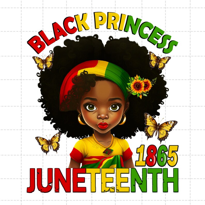 Puede incluir: Gr&aacute;fico de princesa negra con una ni&ntilde;a con afro que lleva una diadema roja, amarilla y verde y una camisa amarilla con detalles rojos, amarillos y verdes. El texto "BLACK PRINCESS" est&aacute; en letras rojas y verdes sobre la cabeza de la ni&ntilde;a. El texto "JUNETEENTH 1865" est&aacute; en letras rojas, amarillas y verdes debajo de la ni&ntilde;a.
