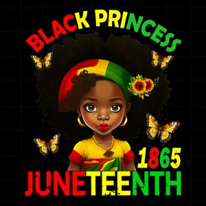 Puede incluir: Gr&aacute;fico Black Princess Juneteenth con una ilustraci&oacute;n de dibujos animados de una joven negra con un turbante verde, amarillo y rojo y un atuendo a juego. El texto "Black Princess" est&aacute; en letras amarillas y verdes, y el texto "Juneteenth 1865" est&aacute; en letras rojas, amarillas y verdes.