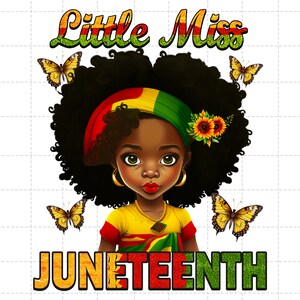 Puede incluir: Una ilustraci&oacute;n digital de una joven negra con afro que lleva una camisa amarilla y una diadema verde, roja y amarilla. La ni&ntilde;a sonr&iacute;e y mira al espectador. El texto "Little Miss Juneteenth" est&aacute; por encima de la cabeza de la ni&ntilde;a. Hay mariposas a ambos lados de la ni&ntilde;a.