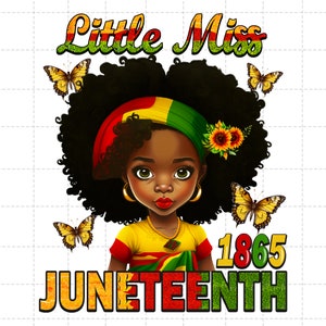 Puede incluir: Una ilustraci&oacute;n digital de una joven negra con afro que lleva una camiseta amarilla y una diadema con los colores de la bandera panafricana. El texto "Little Miss Juneteenth 1865" est&aacute; debajo de ella.