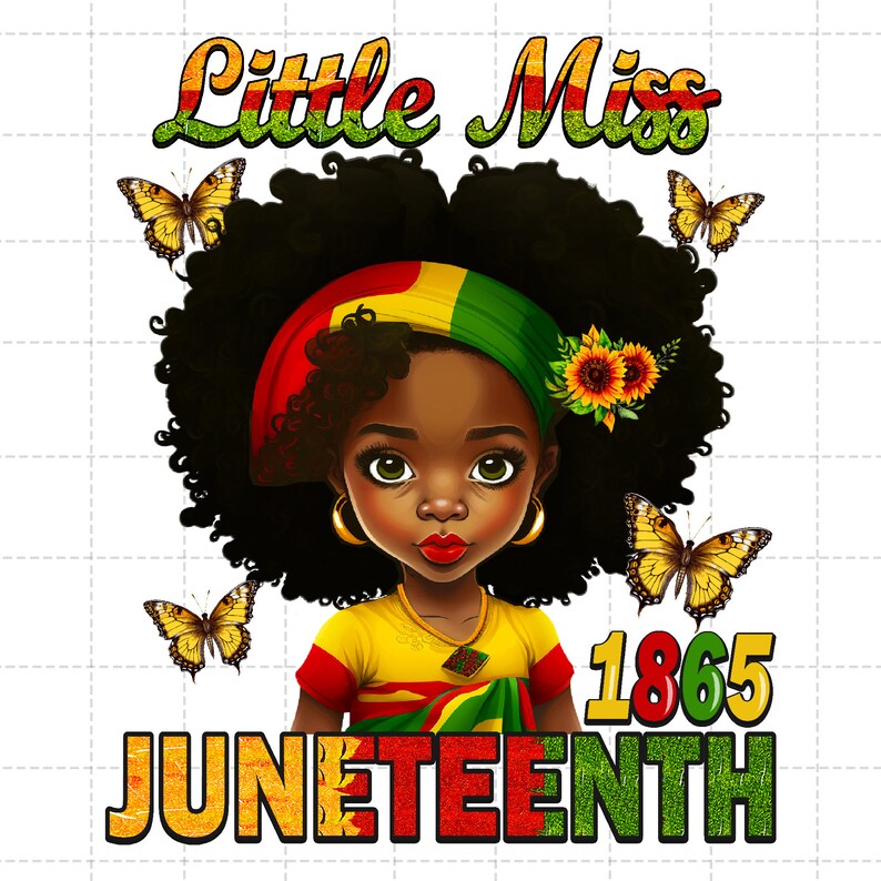 Puede incluir: Una ilustraci&oacute;n digital de una joven negra con afro que lleva una camiseta amarilla y una diadema con los colores de la bandera panafricana. El texto "Little Miss Juneteenth 1865" est&aacute; debajo de ella.
