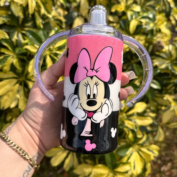 Custom Sippy Cup Inspired By Minnie,Cartoon Handle Sippy Top,Custom Toddler Cup,Custom Minnie Training Cup,Character Transitioning Sippy Top