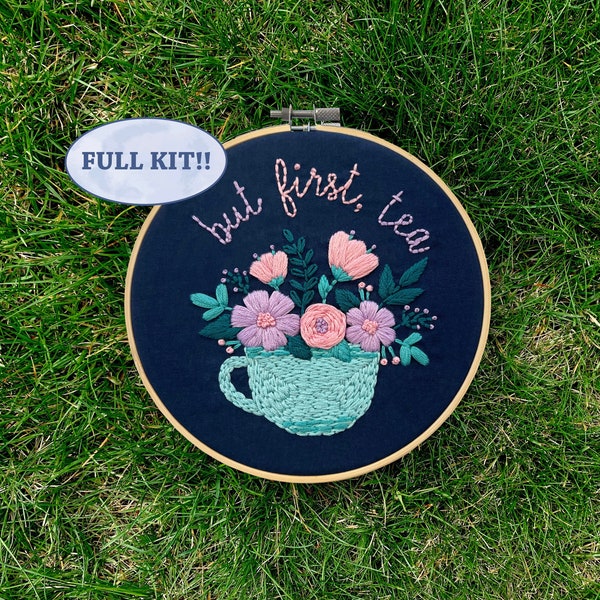 But First Tea Embroidery Kit, Needlepoint Kit, Cross Stitch Kit, Craft Kit, Hand Embroidery, Embroidery Set