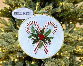 Coupled Candy Canes Embroidery Kit, Needlepoint Kit, Cross Stitch Kit, Craft Kit, Hand Embroidery, Embroidery Set