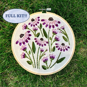 Purple Cone Flower Fall Embroidery Kit, Needlepoint Kit, Cross Stitch Kit, Craft Kit, Hand Embroidery, Embroidery Set