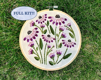 Purple Cone Flower Fall Embroidery Kit, Needlepoint Kit, Cross Stitch Kit, Craft Kit, Hand Embroidery, Embroidery Set