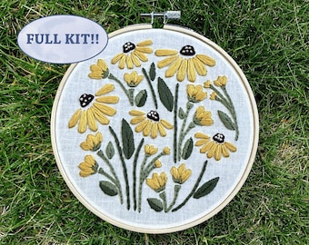 Yellow Cone Flower Fall Embroidery Kit, Needlepoint Kit, Cross Stitch Kit, Craft Kit, Hand Embroidery, Embroidery Set