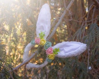 White Bunny Ears With Green, Yellow and Peach Roses for humans & dogs Decorative Headband