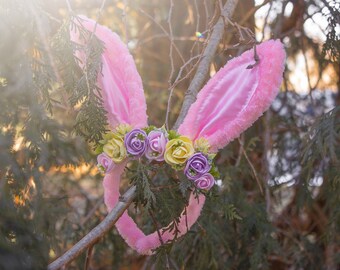 Pink Bunny Ears With Pink, Purple and Yellow Roses for humans & dogs Decorative Headband