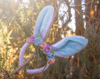 Blue Bunny Ears With Blue, Peach and Purple Roses for humans & dogs Decorative Headband