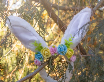 White Bunny Ears With Pink, Blue and Yellow Roses for humans & dogs Decorative Headband