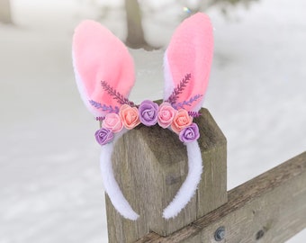 Pink Bunny Ears with Pink, Purple and Peach Roses for humans & dogs Decorative Headband