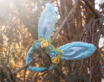 Blue Bunny Ears With Blue, Green and Yellow Roses for humans & dogs Decorative Headband