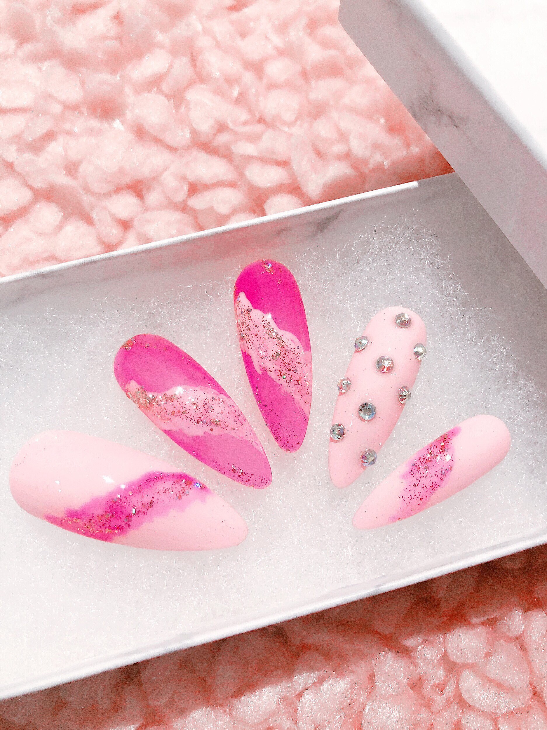 Hot Pink and Baby Pink Color With Rhinestone Design Nail Art - Etsy