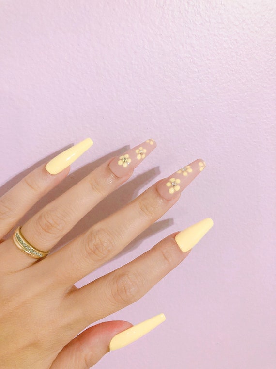 Yellow Glitter Press on Nails With Rhinestones Coffin Shown - Etsy