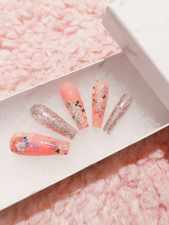 24pcs Peach Pink Ombre Fake Nails Press On Matte Long Coffin Artificial Nail  Tips Acrylic Square Flat Nail Art By Echiq - False Nails - AliExpress