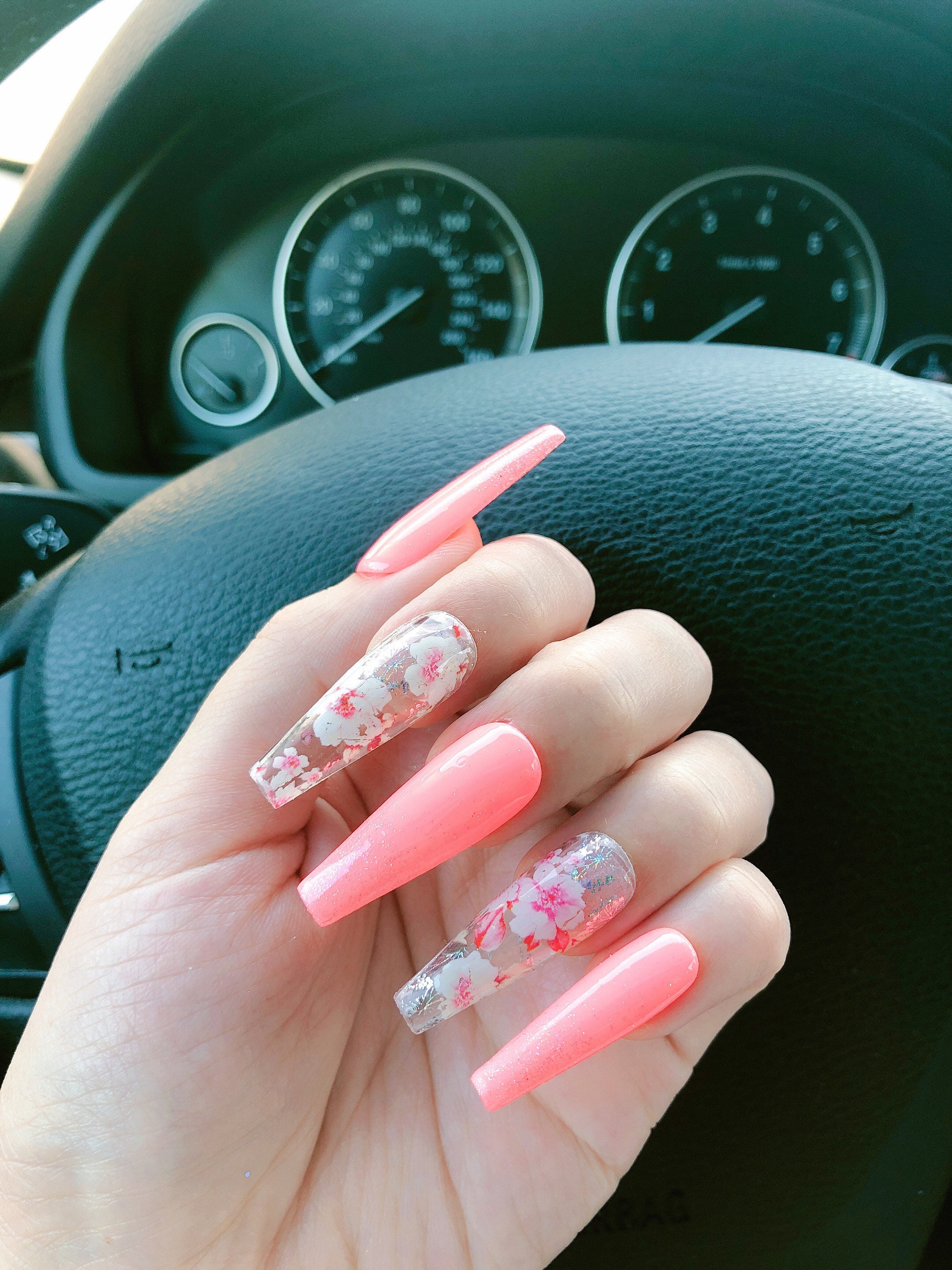 Peach Color Ombre Glitter With Flower Sticker Design Nail Art - Etsy